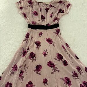 Kate Spade Pink Floral Midi Dress with Black Waistband